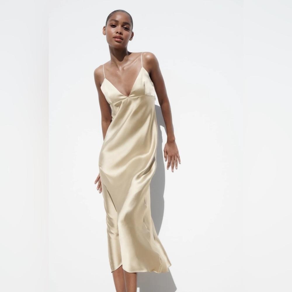 NWT ZARA Beige midi satin spaghetti slip dress